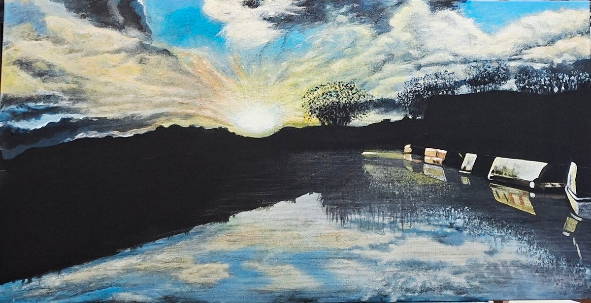 Sunset At Rodley Canal - Original British acrylic landscape painting by Trevor Whetstone