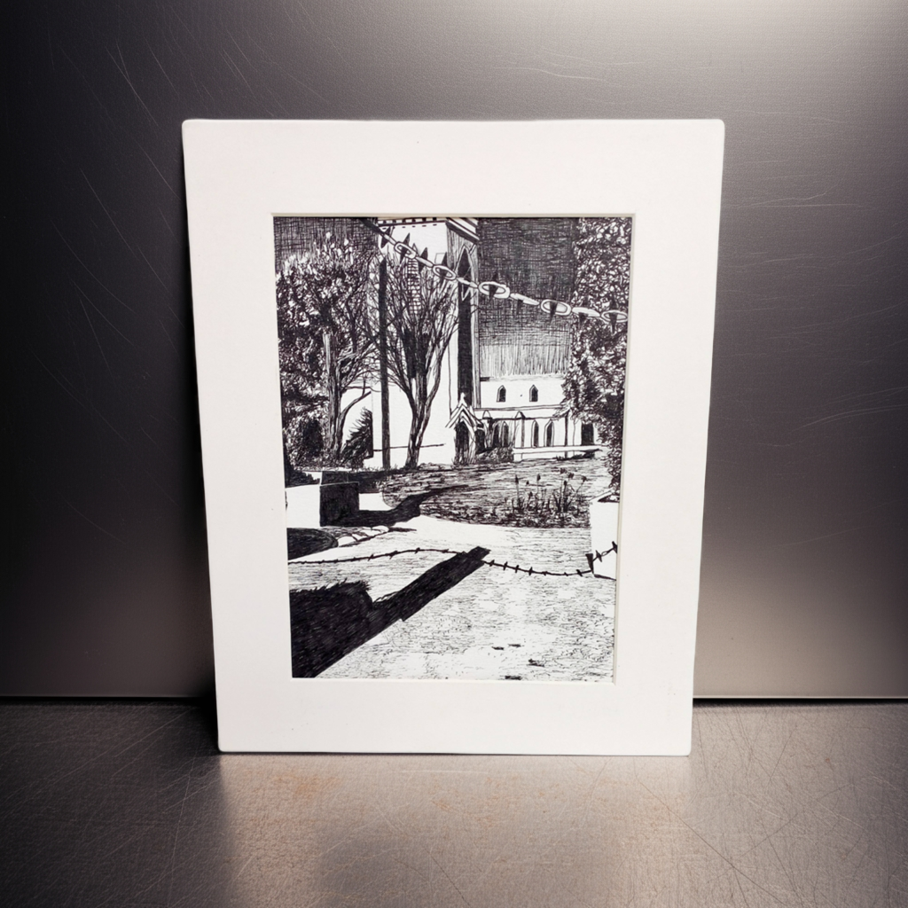 Original British church pen drawing by Trevor Whetstone - Locked up in chains -