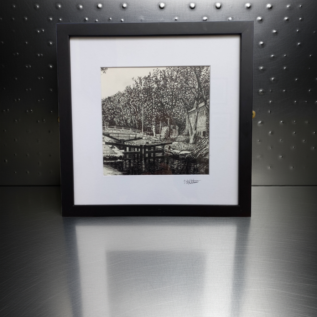 Framed original Canal pen drawing by Trevor Whetstone -Locks on Rochdale Canal -