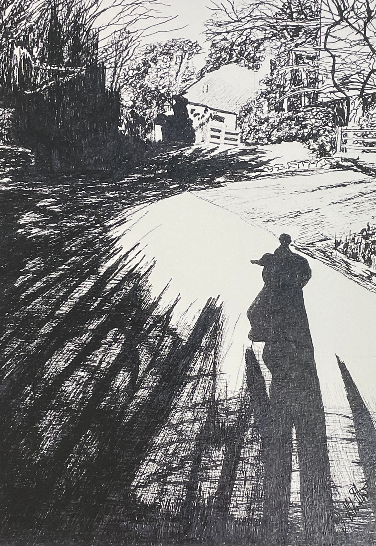 Original British Landscape pen drawing by Trevor Whetstone -Me and my shadow -