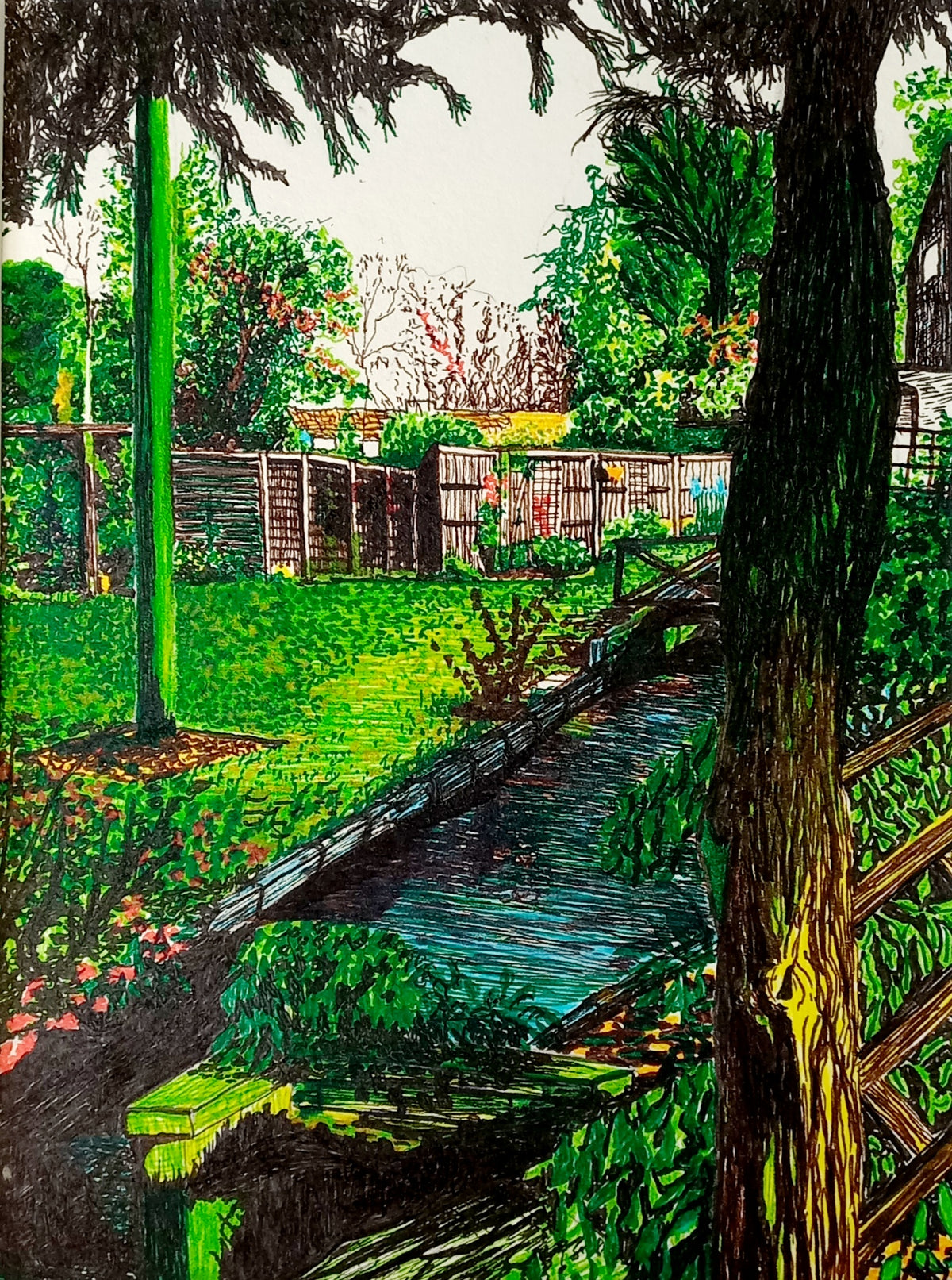 Original Garden pen drawing by Trevor Whetstone - A Cared For Garden -