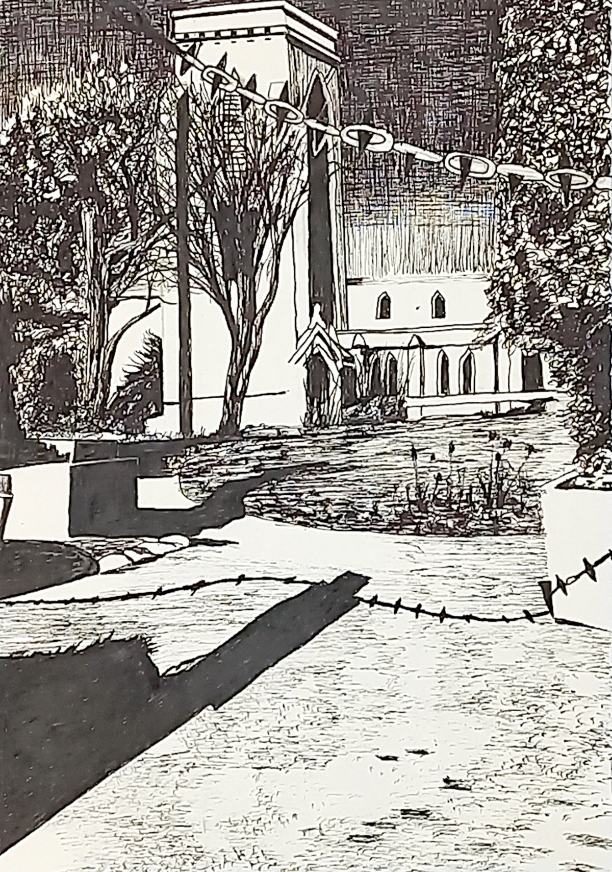 Original British church pen drawing by Trevor Whetstone - Locked up in chains -