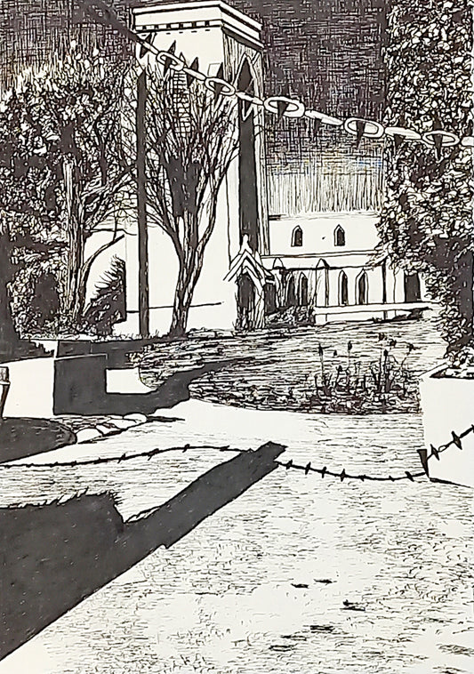 Original British church pen drawing by Trevor Whetstone - Locked up in chains -