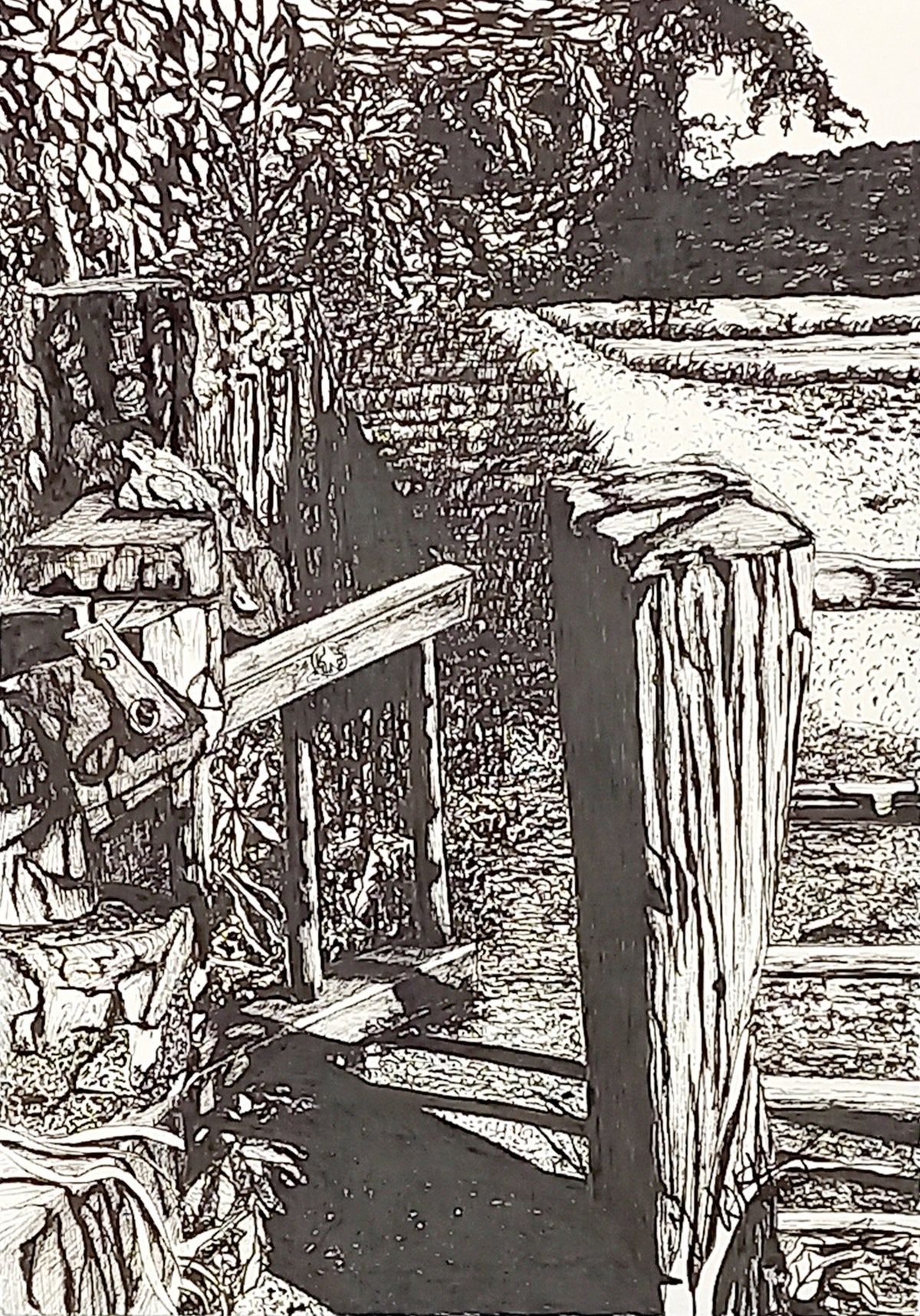 Original British footpath pen drawing by Trevor Whetstone - Through The Gate -