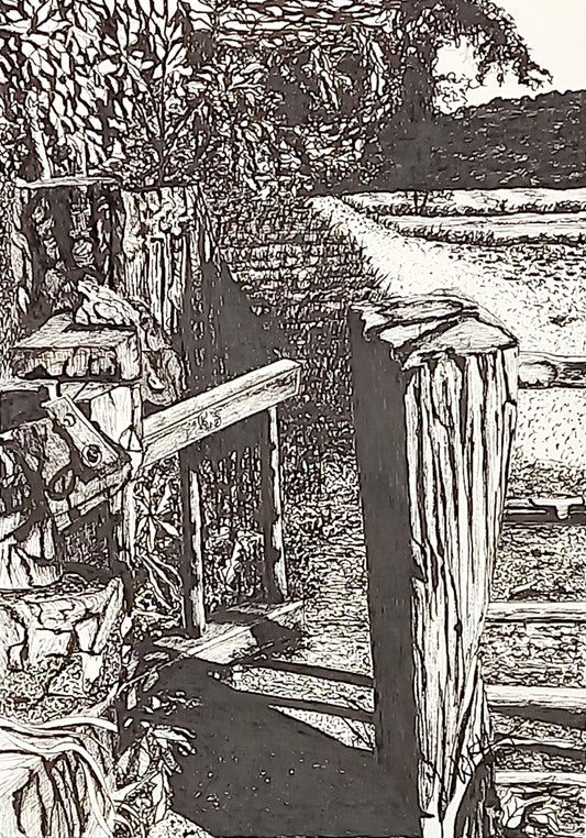 Original British footpath pen drawing by Trevor Whetstone - Through The Gate -