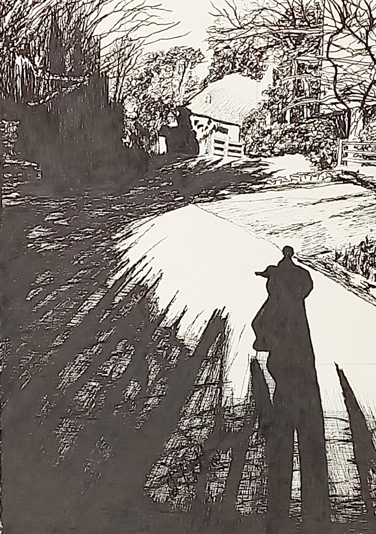 Original British village pen drawing by Trevor Whetstone - Me And My Shadow -