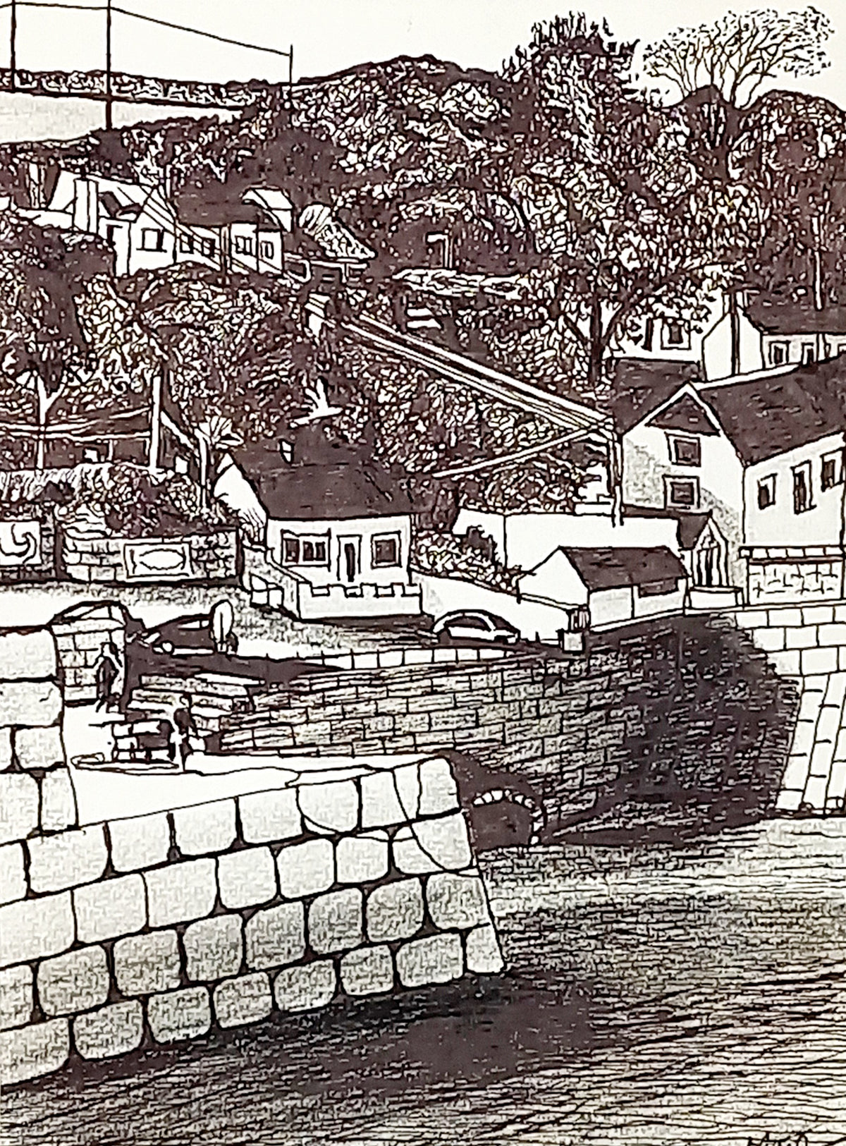 Original British seascape pen drawing by Trevor Whetstone - Porthleven, Cornwall