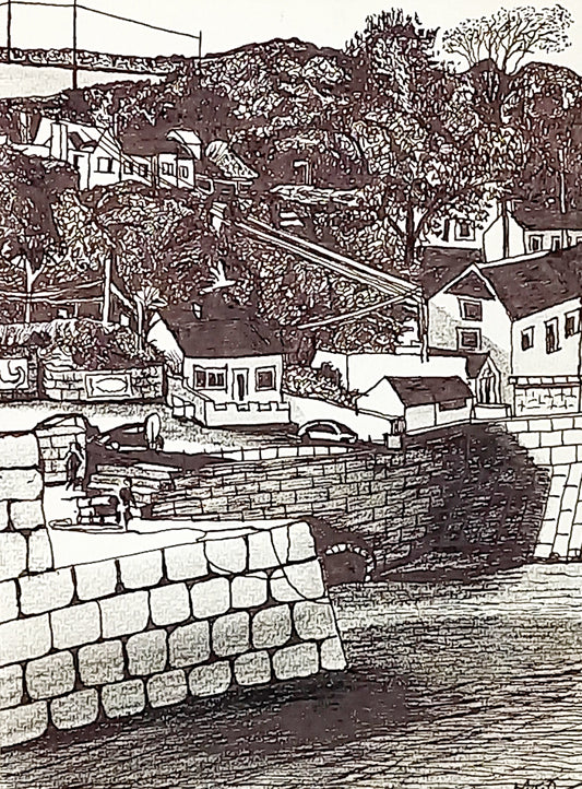 Original British seascape pen drawing by Trevor Whetstone - Porthleven, Cornwall