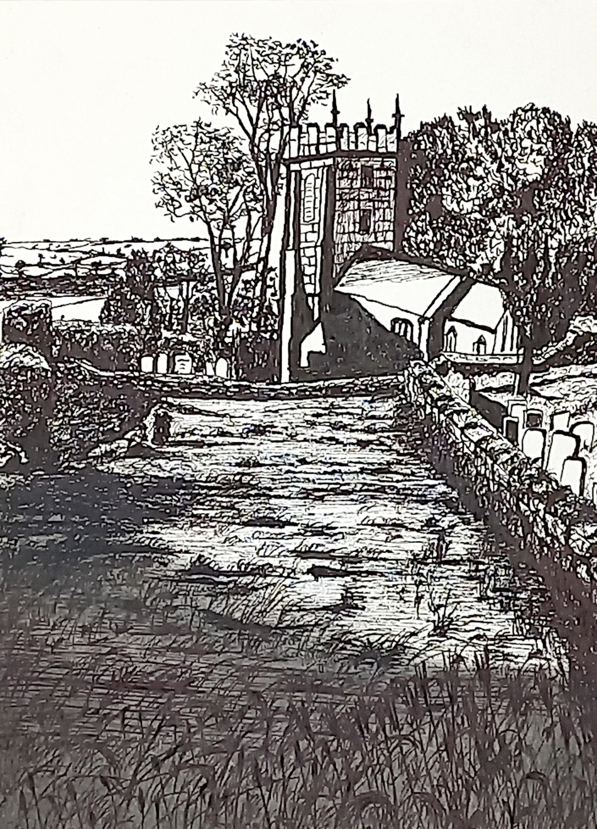 Fine art print by Trevor Whetstone -Thomas Beckett Church - British Landscape Drawing