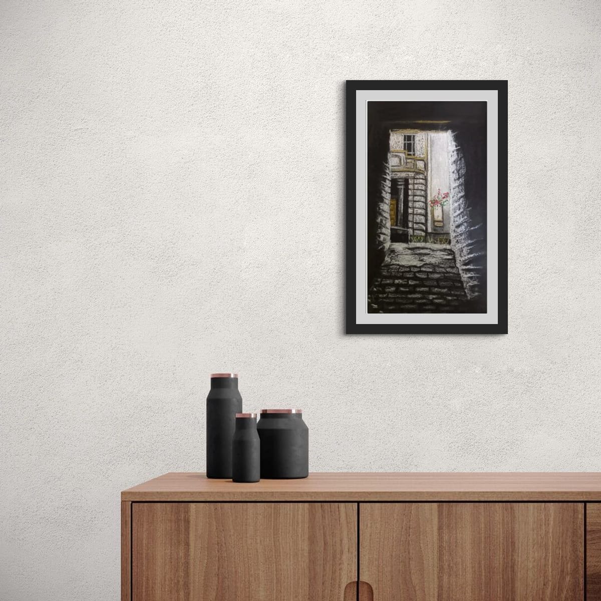 Original Village wax drawing by Trevor Whetstone -Alleyway in Sowerby Bridge -