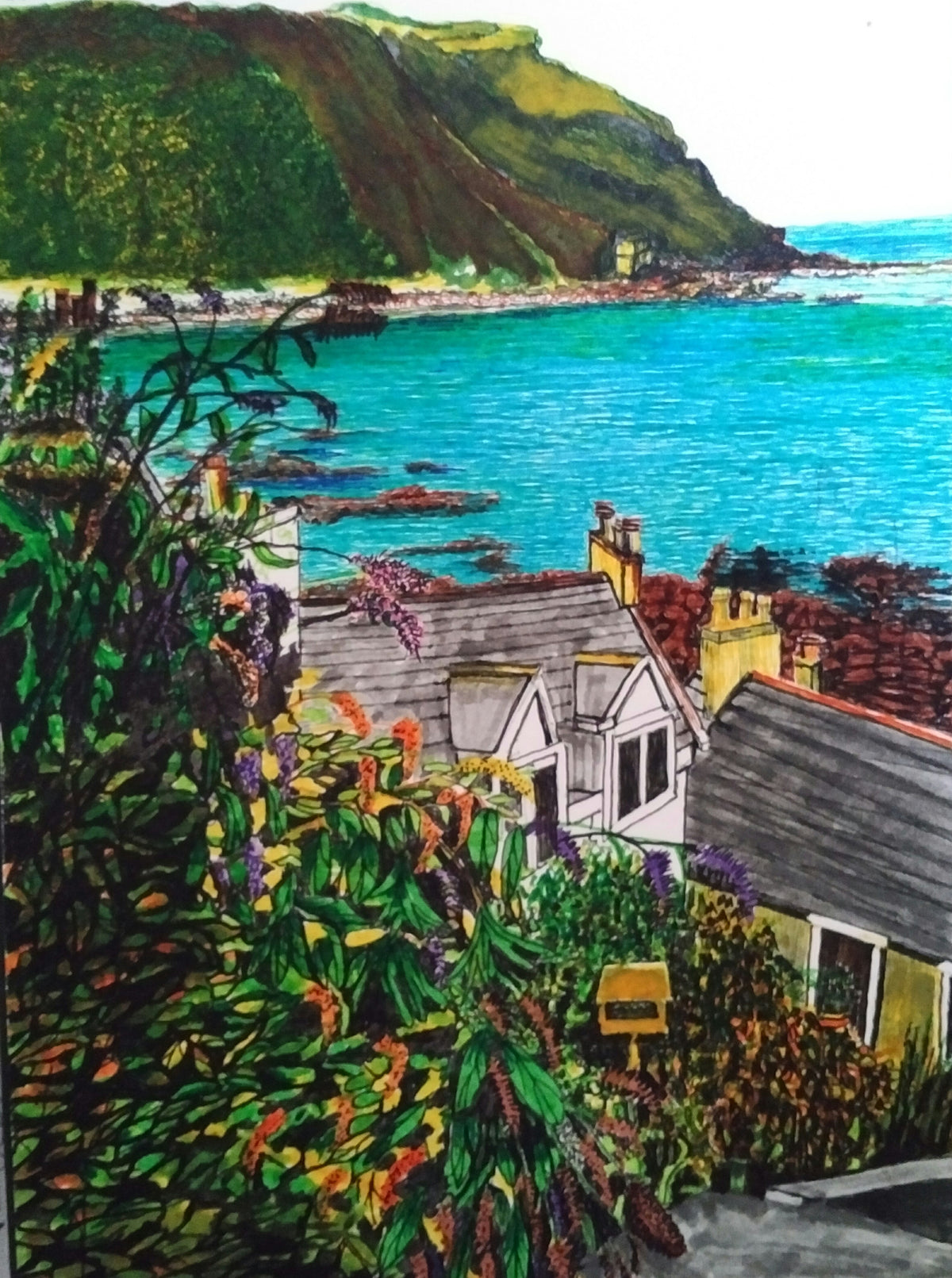 Original seascape pen drawing by Trevor Whetstone - Gardenstown, Scotland -
