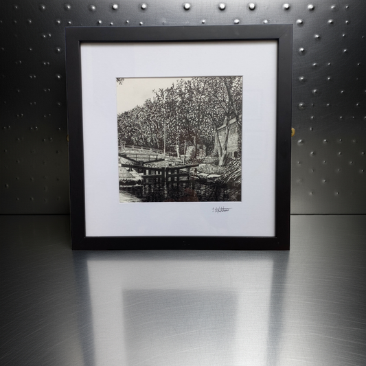 Framed original Canal pen drawing by Trevor Whetstone -Locks on Rochdale Canal -