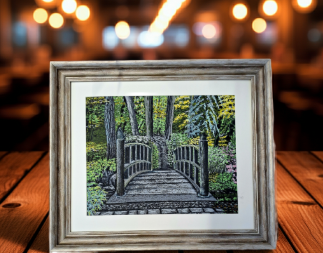 Original framed British wall art Landscape wax drawing by Trevor Whetstone -The Quiet Crossing -