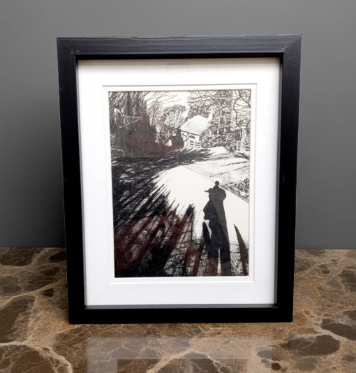 Original British Landscape pen drawing by Trevor Whetstone -Me and my shadow -