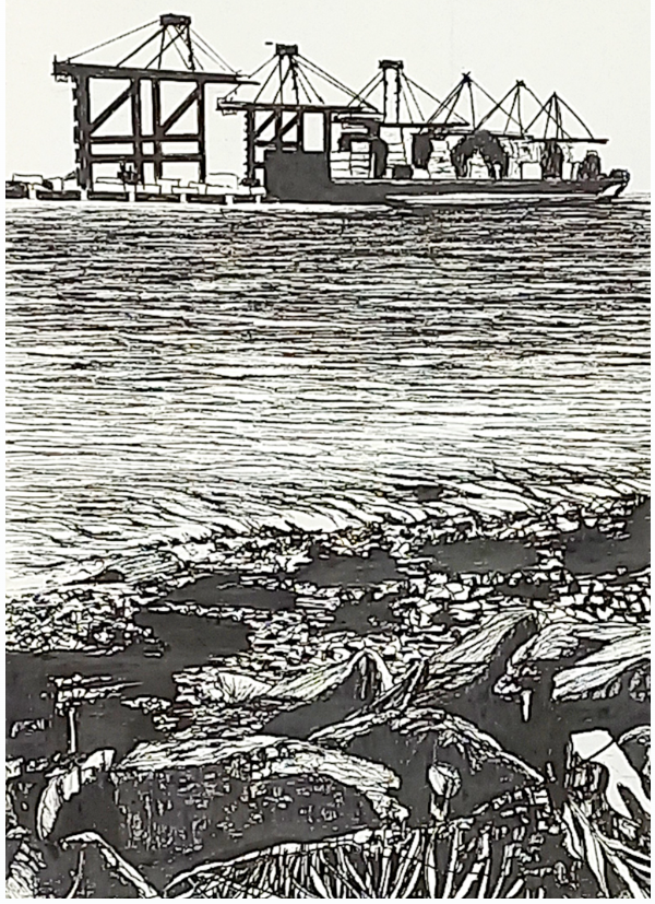 Original British seascape pen drawing by Trevor Whetstone - Harwich Port -