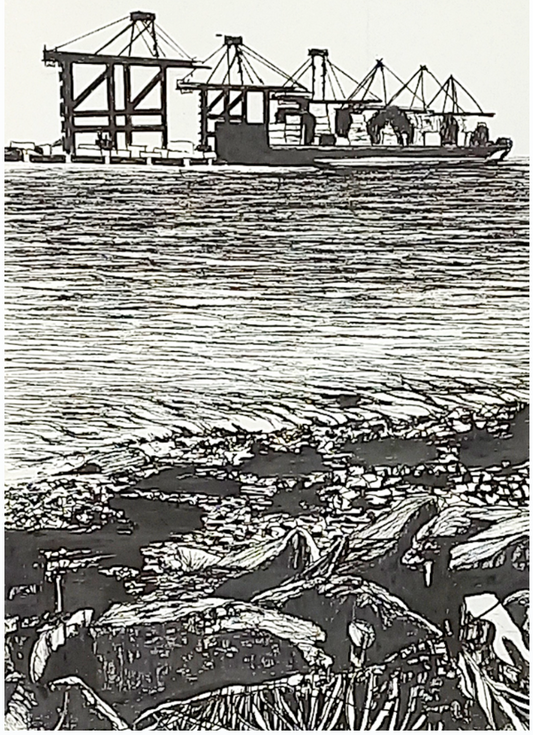 Original British seascape pen drawing by Trevor Whetstone - Harwich Port -