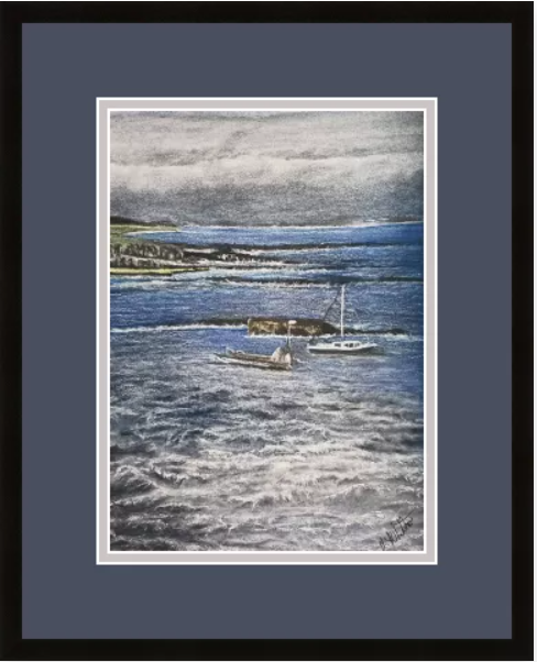 Original Seascape pastel drawing by Trevor Whetstone -Boats at North Berwick -