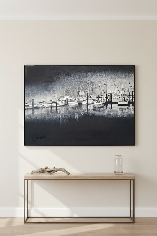 Monochrome Marina – Original Painting Pinterest vertical image