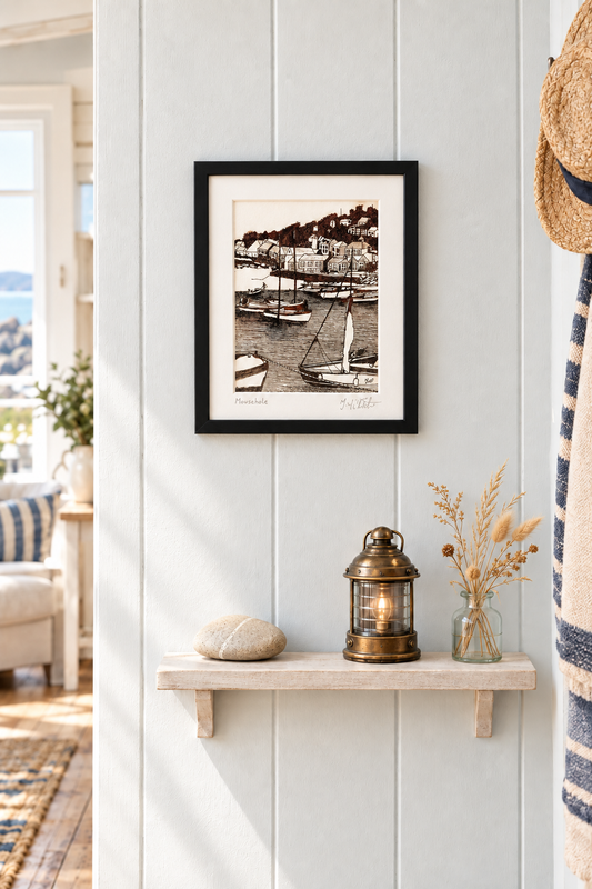 Mousehole, Cornwall – Original Framed Drawing – Pinterest vertical image (rescaled)