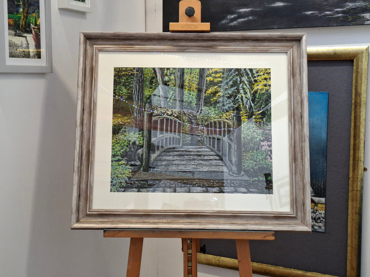 Original framed British wall art Landscape wax drawing by Trevor Whetstone -The Quiet Crossing -