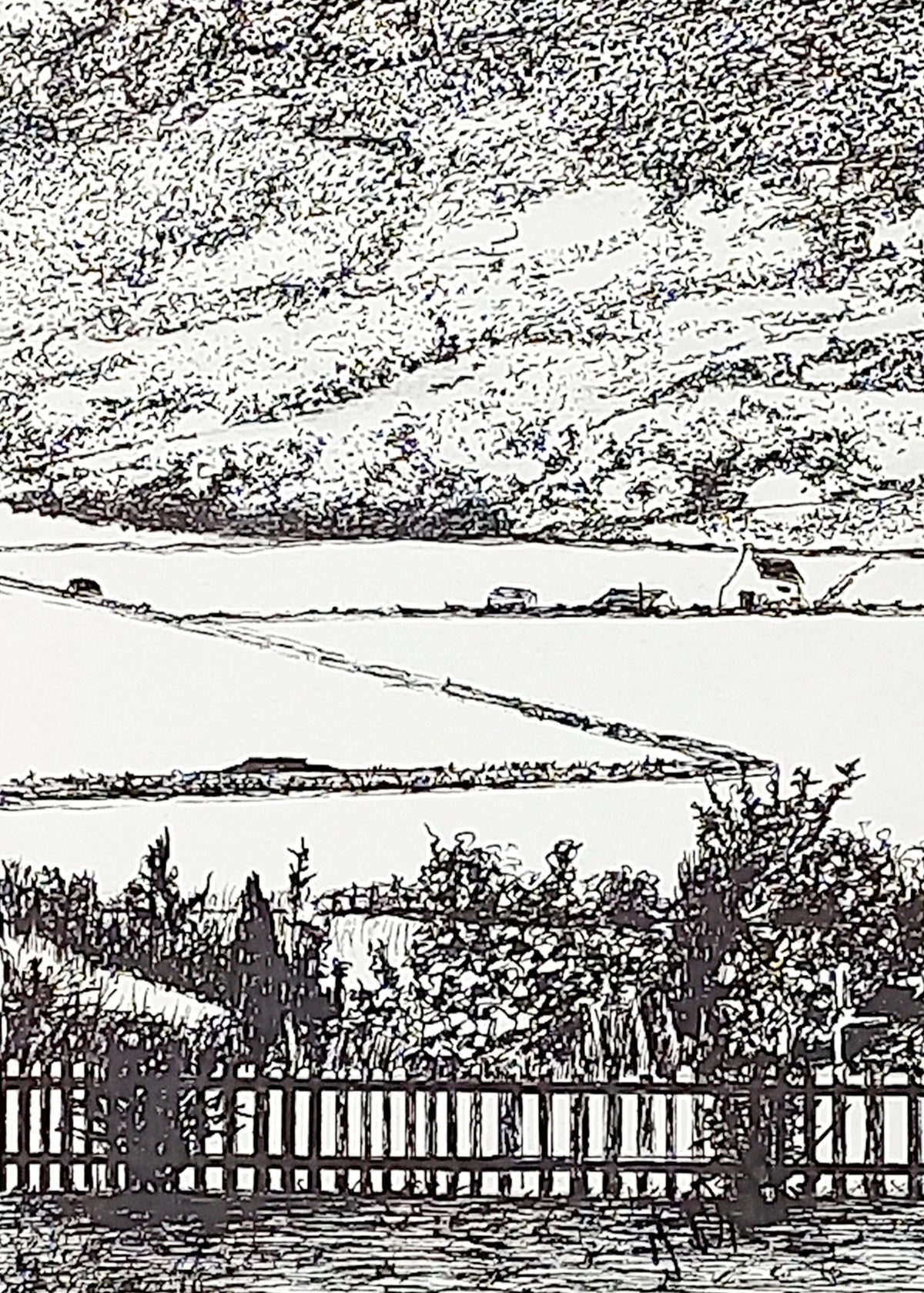 Original Landscape pen drawing by Trevor Whetstone -Winter In Scotland -
