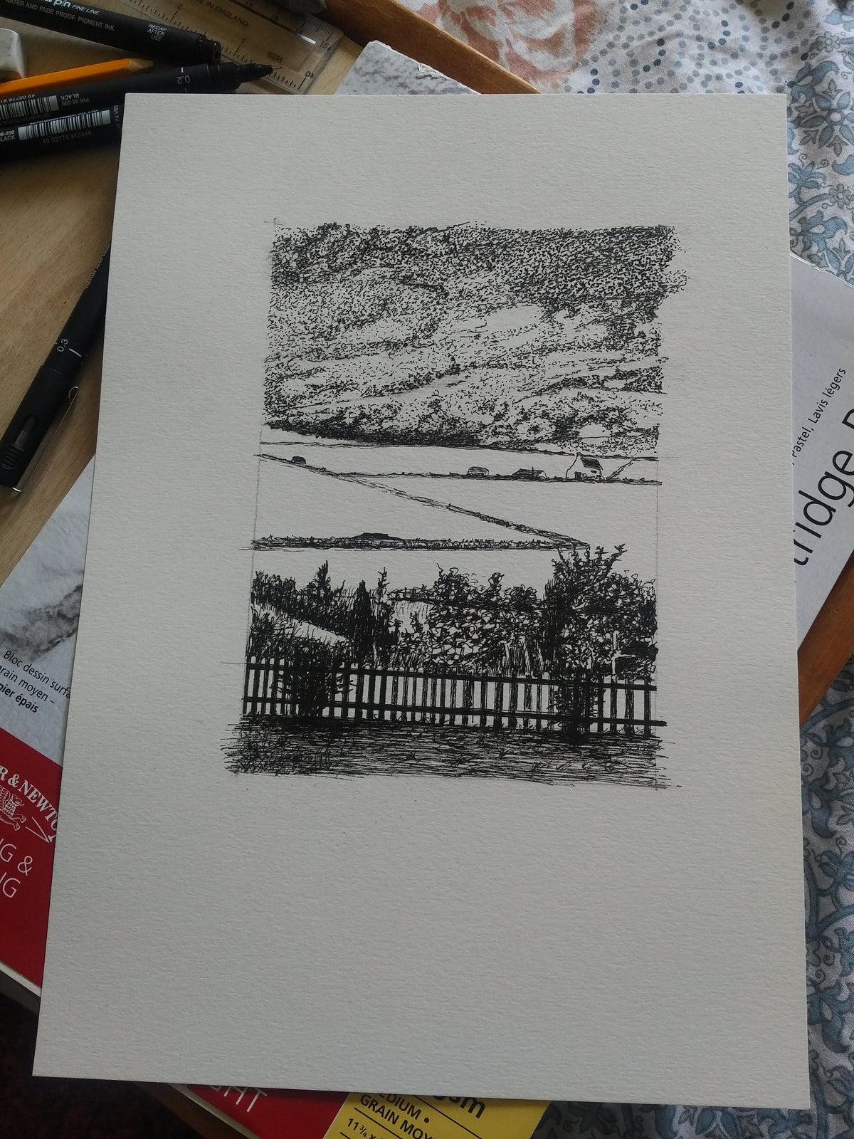 Original Landscape pen drawing by Trevor Whetstone -Winter In Scotland -