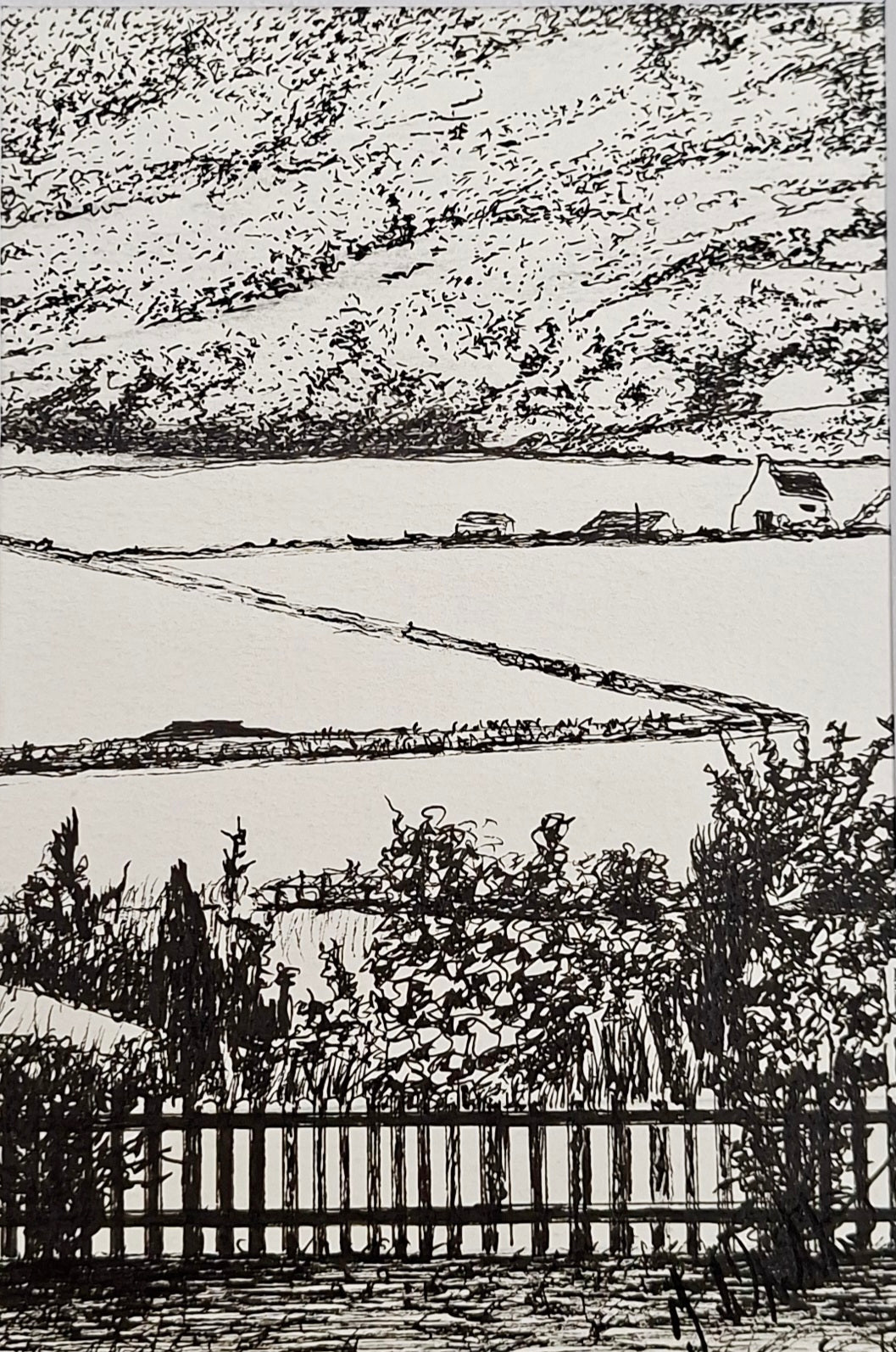 Original Landscape pen drawing by Trevor Whetstone -Winter In Scotland -