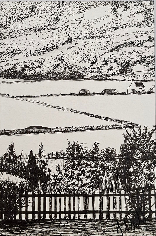 Original Landscape pen drawing by Trevor Whetstone -Winter In Scotland -