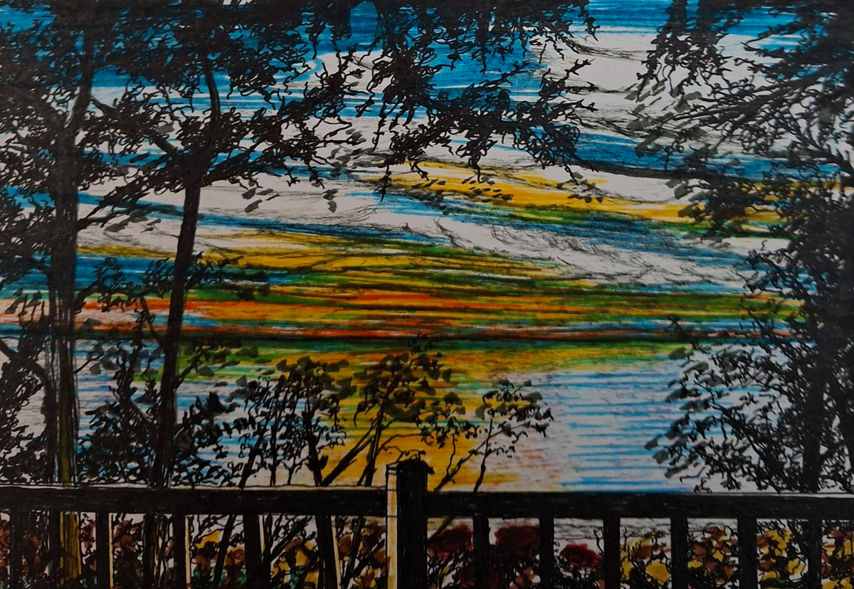 Original Seascape pen drawing by Trevor Whetstone -Twighlight Over The Water -